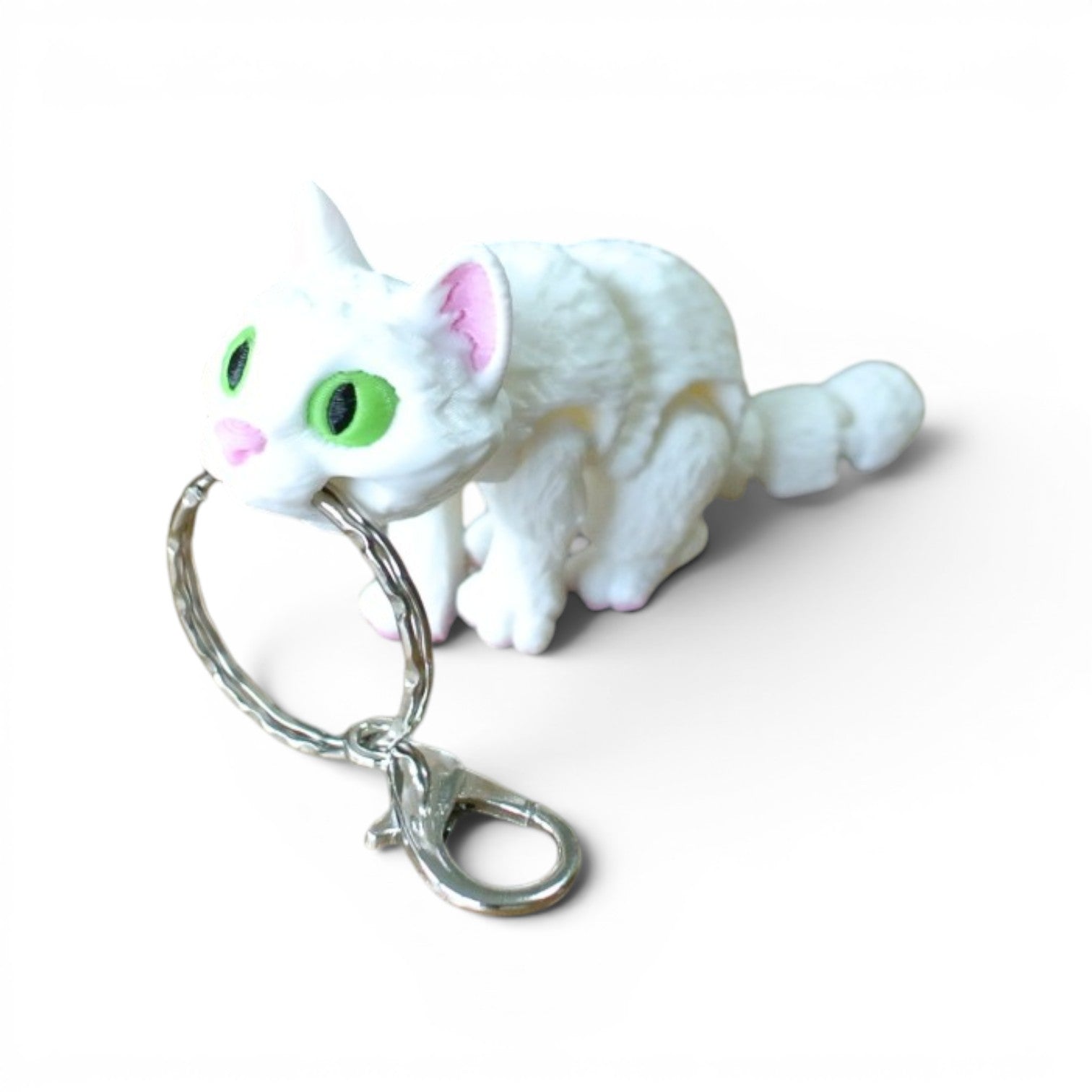 3D Printed White Cat Keychain – Cute Articulated Cat Bag Charm