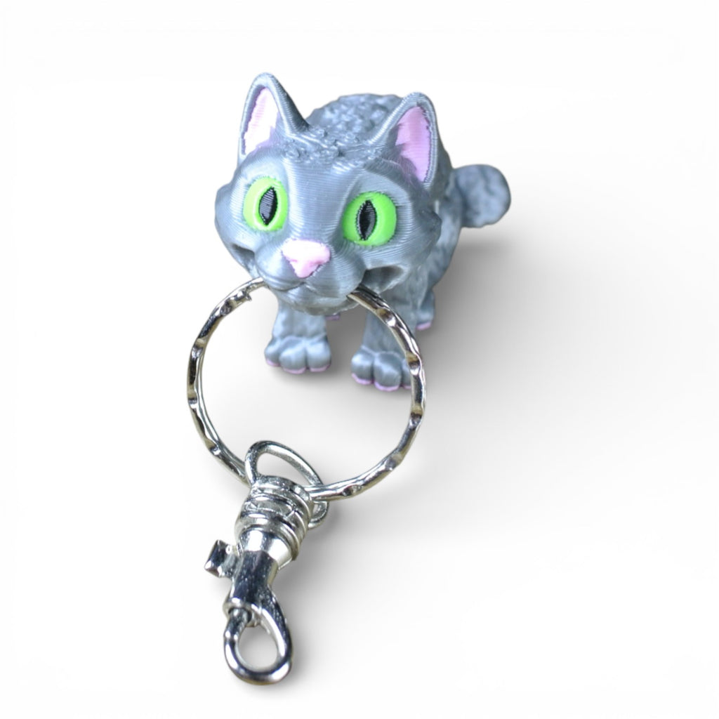 Gray Cat Articulated Keychain – 3D Printed Flexible Cat Fidget Charm