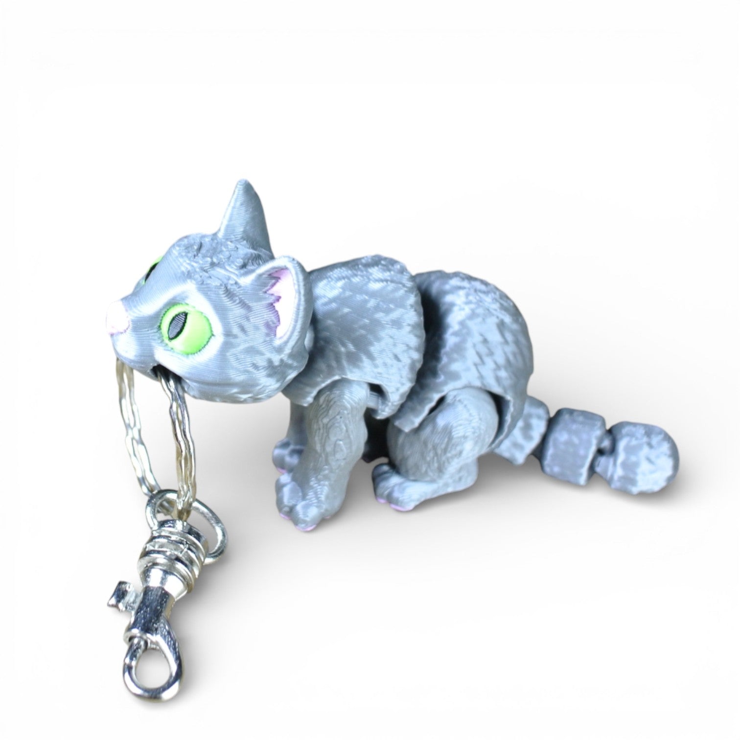 Gray Cat Articulated Keychain – 3D Printed Flexible Cat Fidget Charm