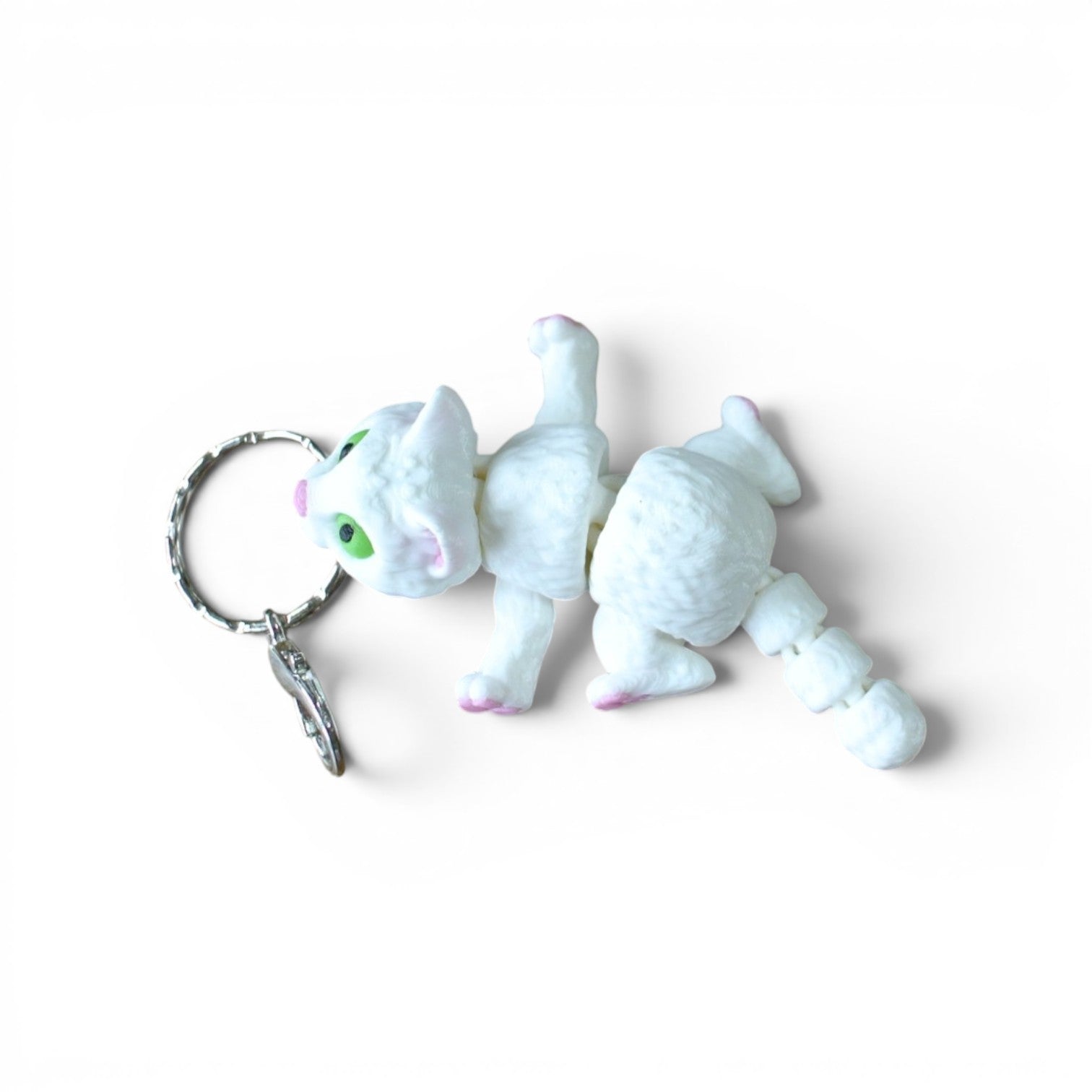 3D Printed White Cat Keychain – Cute Articulated Cat Bag Charm