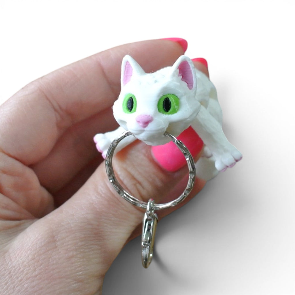 3D Printed White Cat Keychain – Cute Articulated Cat Bag Charm
