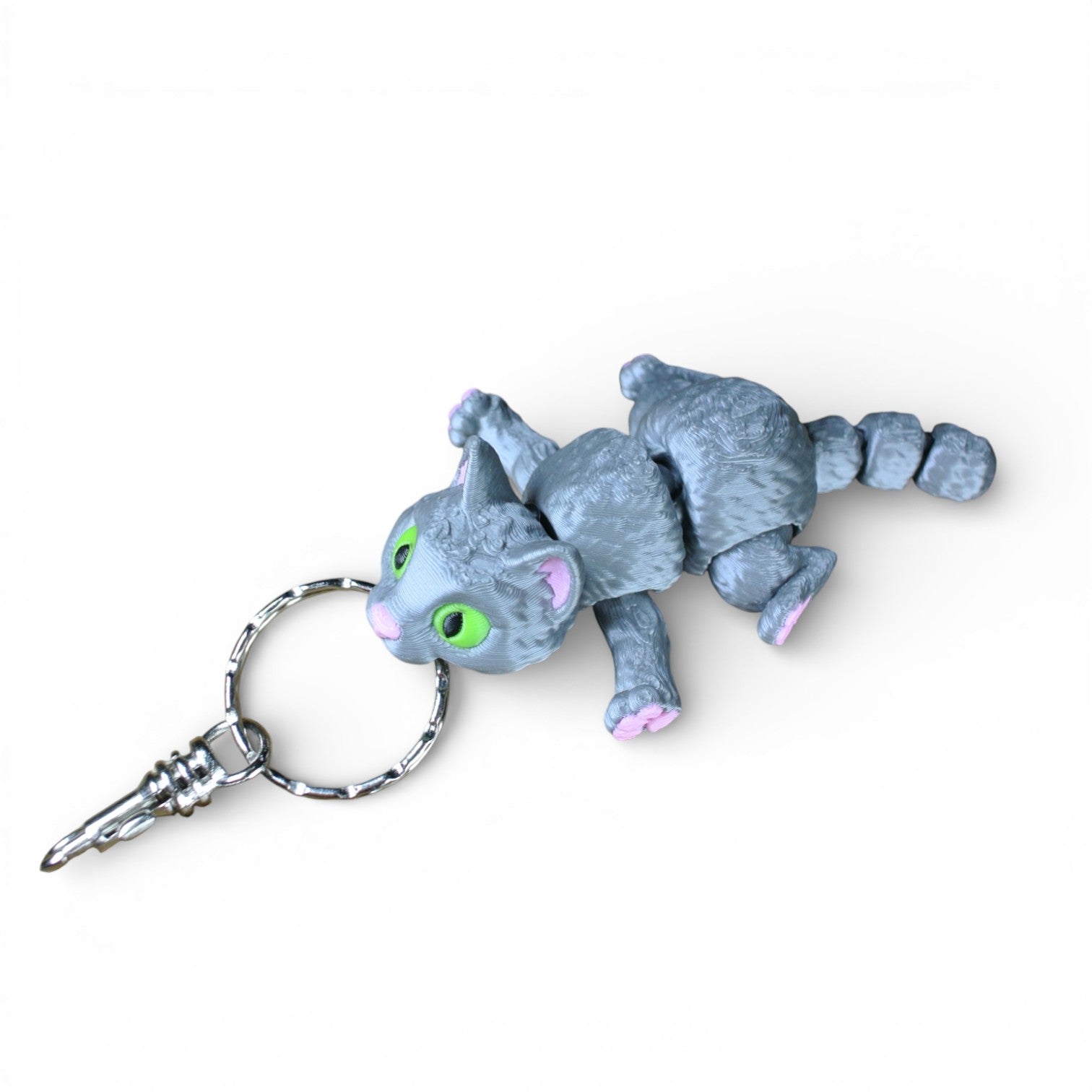 Gray Cat Articulated Keychain – 3D Printed Flexible Cat Fidget Charm