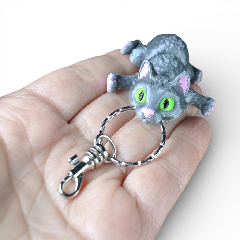 Gray Cat Articulated Keychain – 3D Printed Flexible Cat Fidget Charm