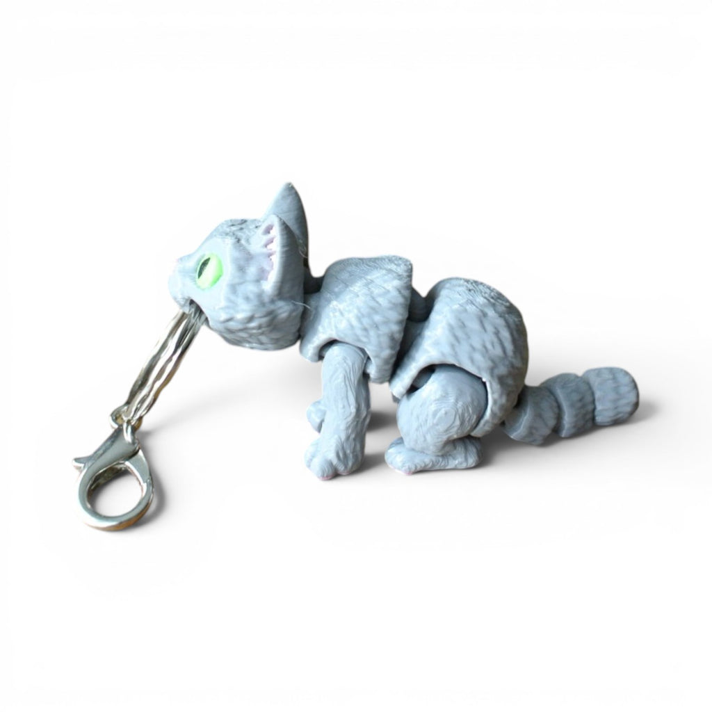 Gray Cat Articulated Keychain – 3D Printed Flexible Cat Fidget Charm