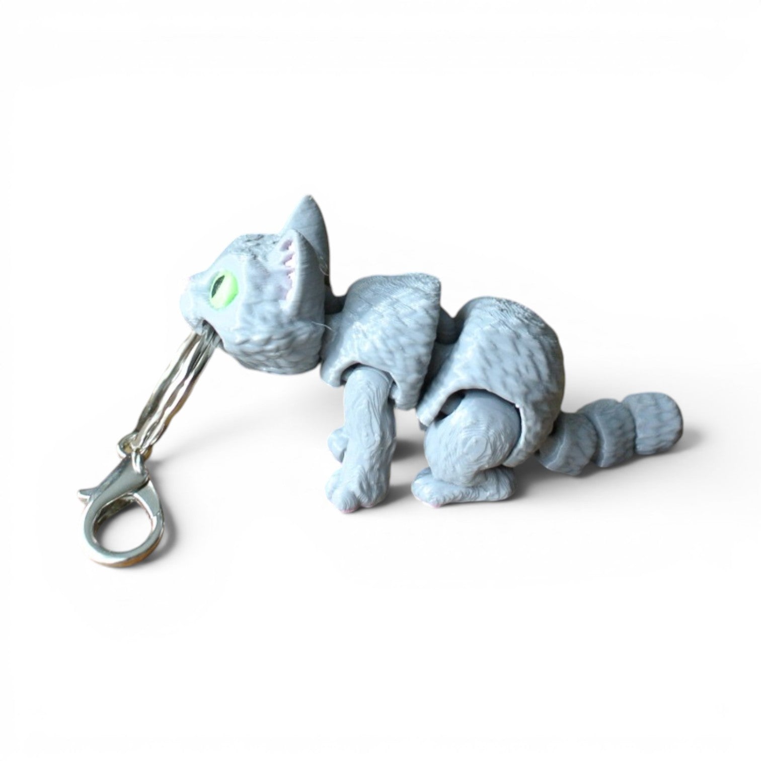 Gray Cat Articulated Keychain – 3D Printed Flexible Cat Fidget Charm