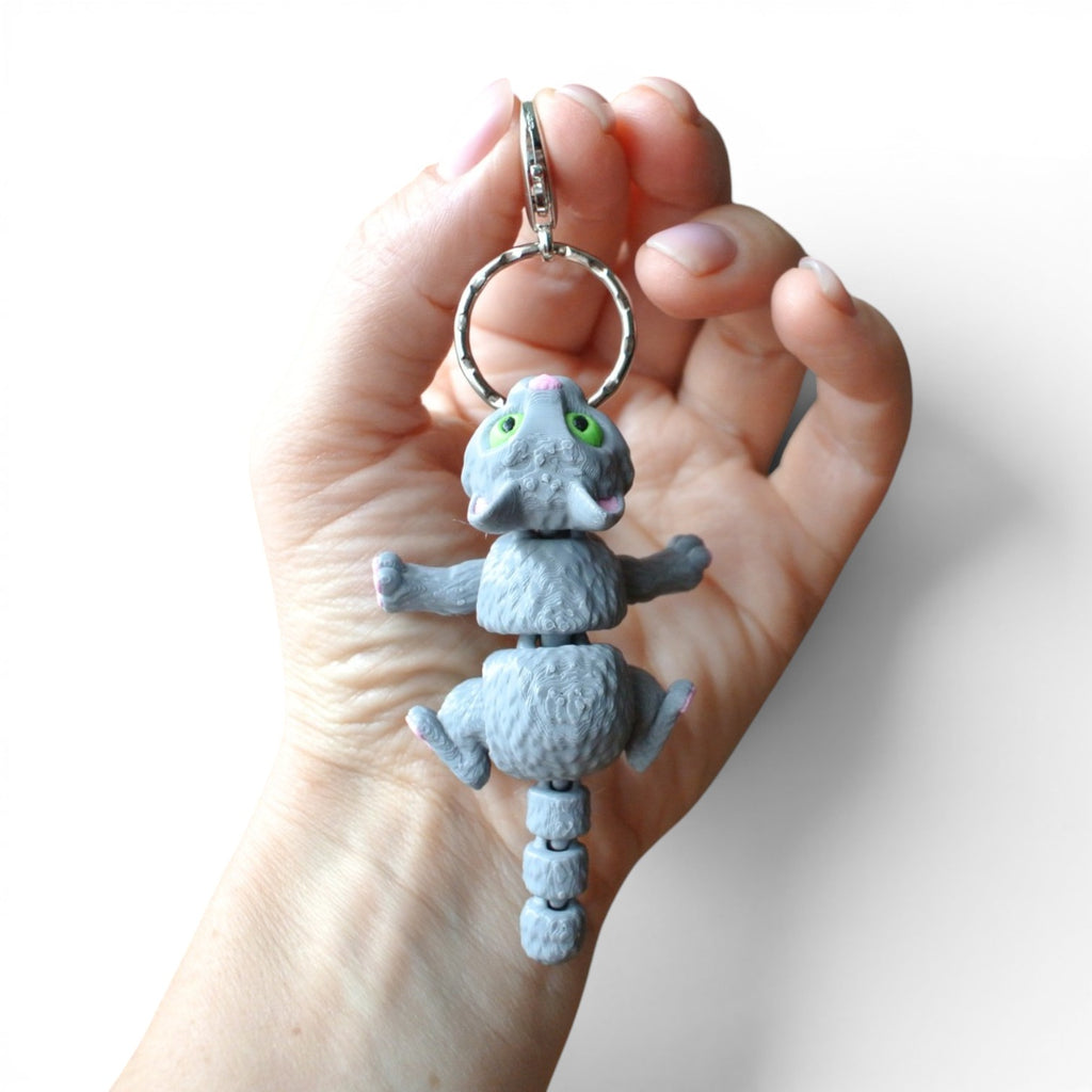 Gray Cat Articulated Keychain – 3D Printed Flexible Cat Fidget Charm